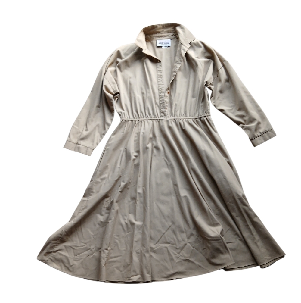 American Shirt Dress Women's Size 12P Beige Long-Sleeve Midi Dress